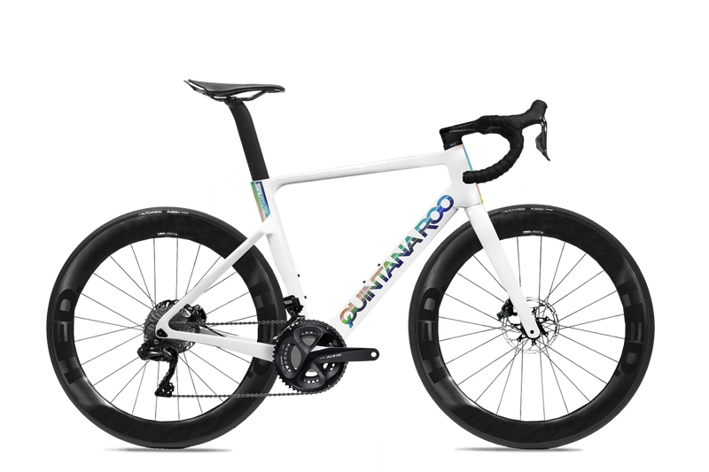 A white Quintana Roo Bicycle with iridescent rainbow decals.