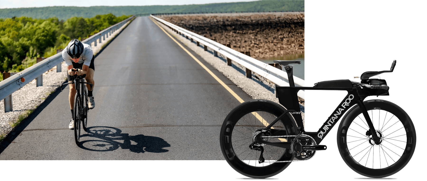 Triatleta montando Quintana Roo V-PR por uma estrada, modelo V-PR à direita