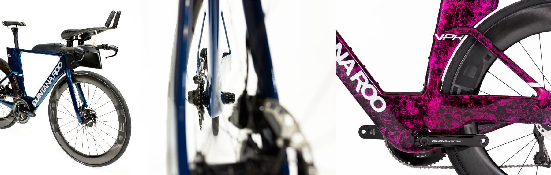 3 imagens lado a lado, com closes de bicicletas QR azuis e rosa