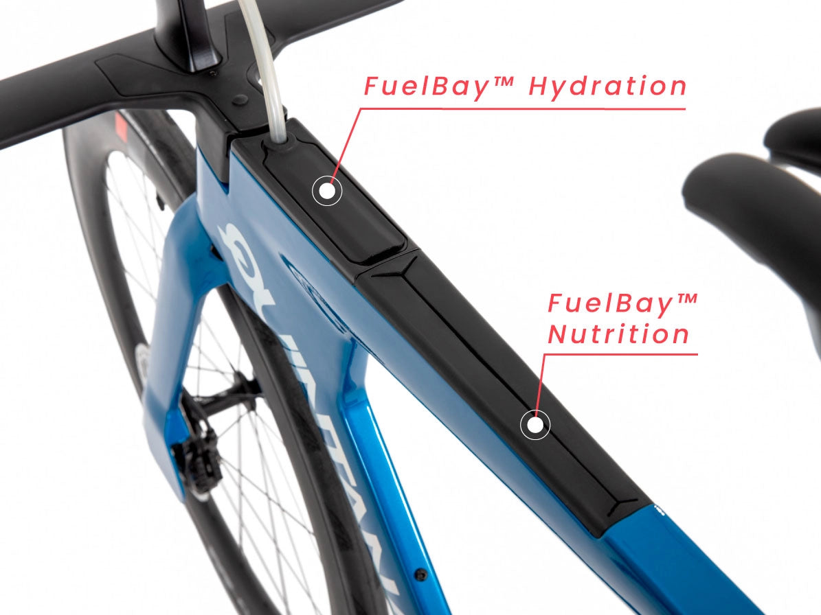 Um close up do quadro azul e preto de uma bicicleta QR, rotulado em texto vermelho em um fundo branco.