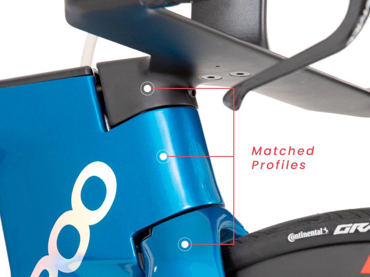 Um close up do quadro azul de uma bicicleta de QR, etiquetado no texto vermelho em um fundo branco.