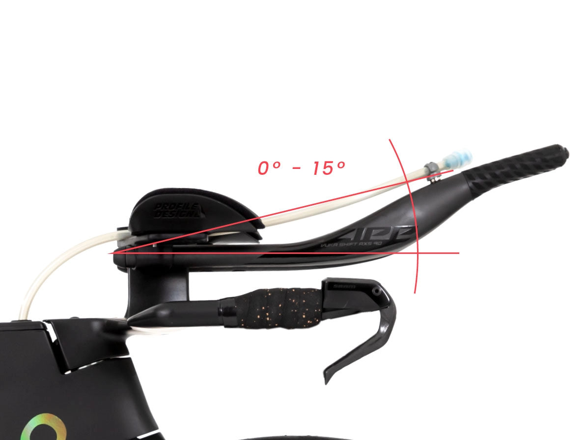 Um close up do guidão de uma bicicleta QR preta, com peças rotuladas mostradas em vermelho