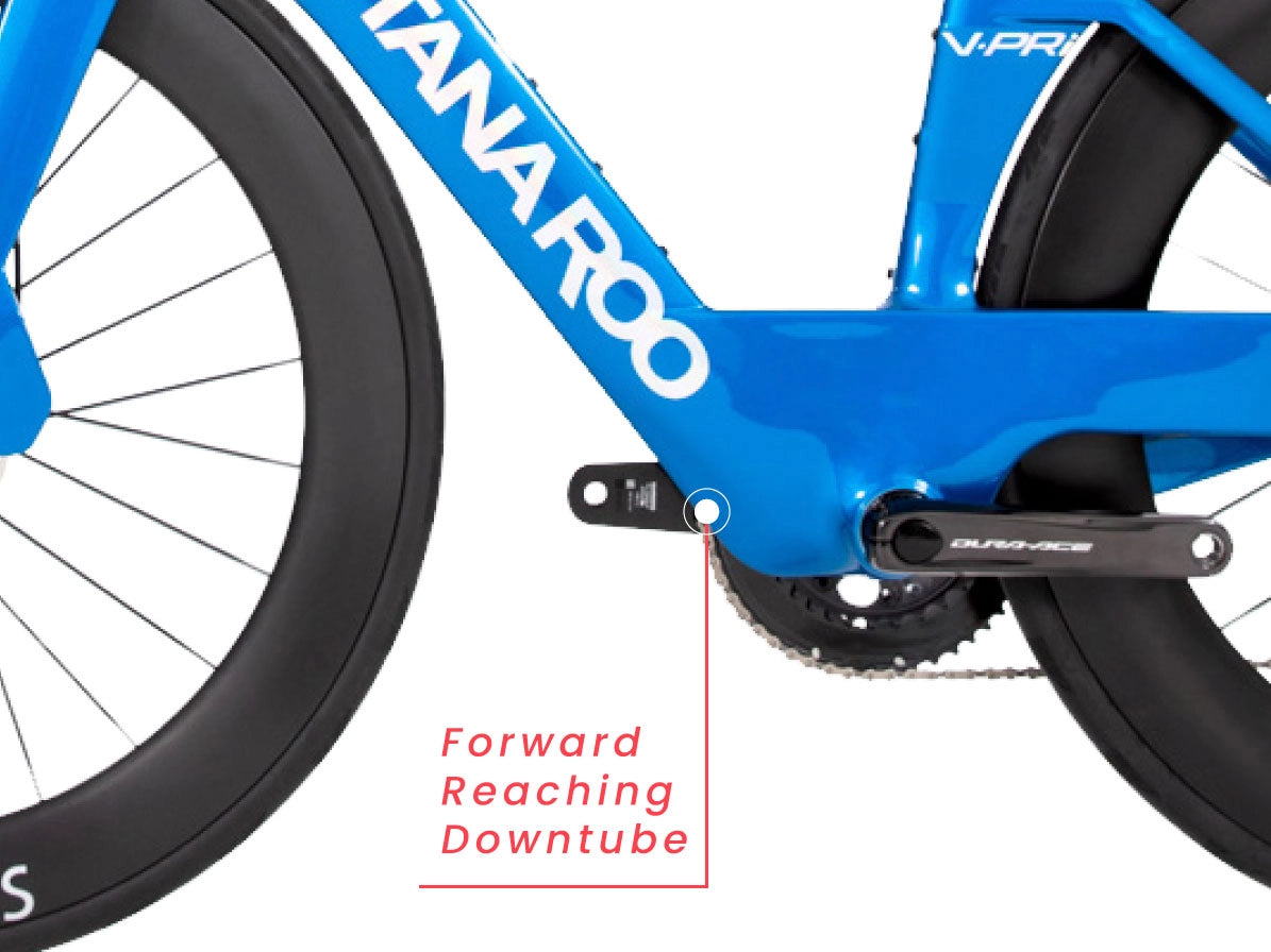 A closeup of the pedals/wheel of a blue QR bicycle, with labeled parts shown in red