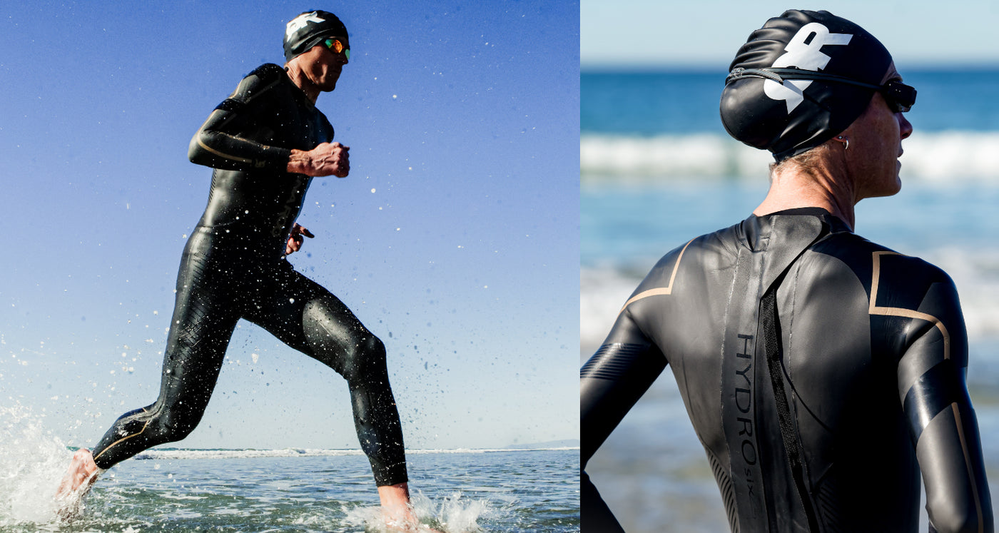 Duas imagens lado a lado, a da esquerda de alguém vestindo uma roupa de mergulho QR e touca de natação, correndo na água até os tornozelos, e a da direita mostrando as costas de alguém do peito para cima, vestindo uma roupa de mergulho QR e touca de natação
